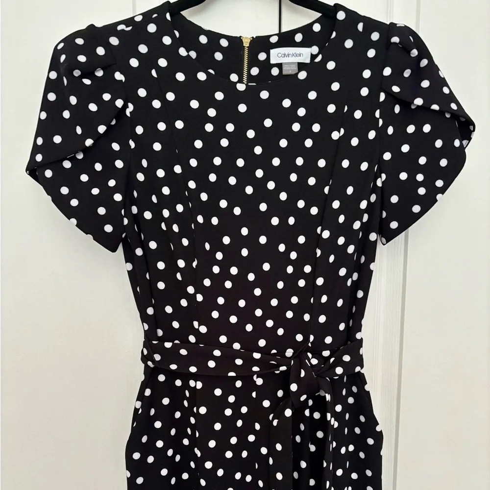 Calvin Klein Black Polka Dot Jumpsuit | Size 4 | Belted, Back Zip, Short Sleeve